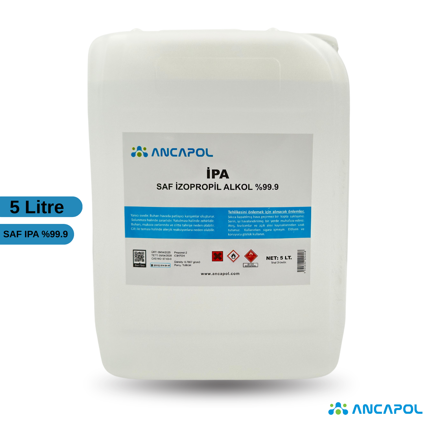 Ancapol %99.9 Saf İzopropil Alkol (IPA) - Elektronik, Optik ve Yüzey Temizleyici 5 Litre