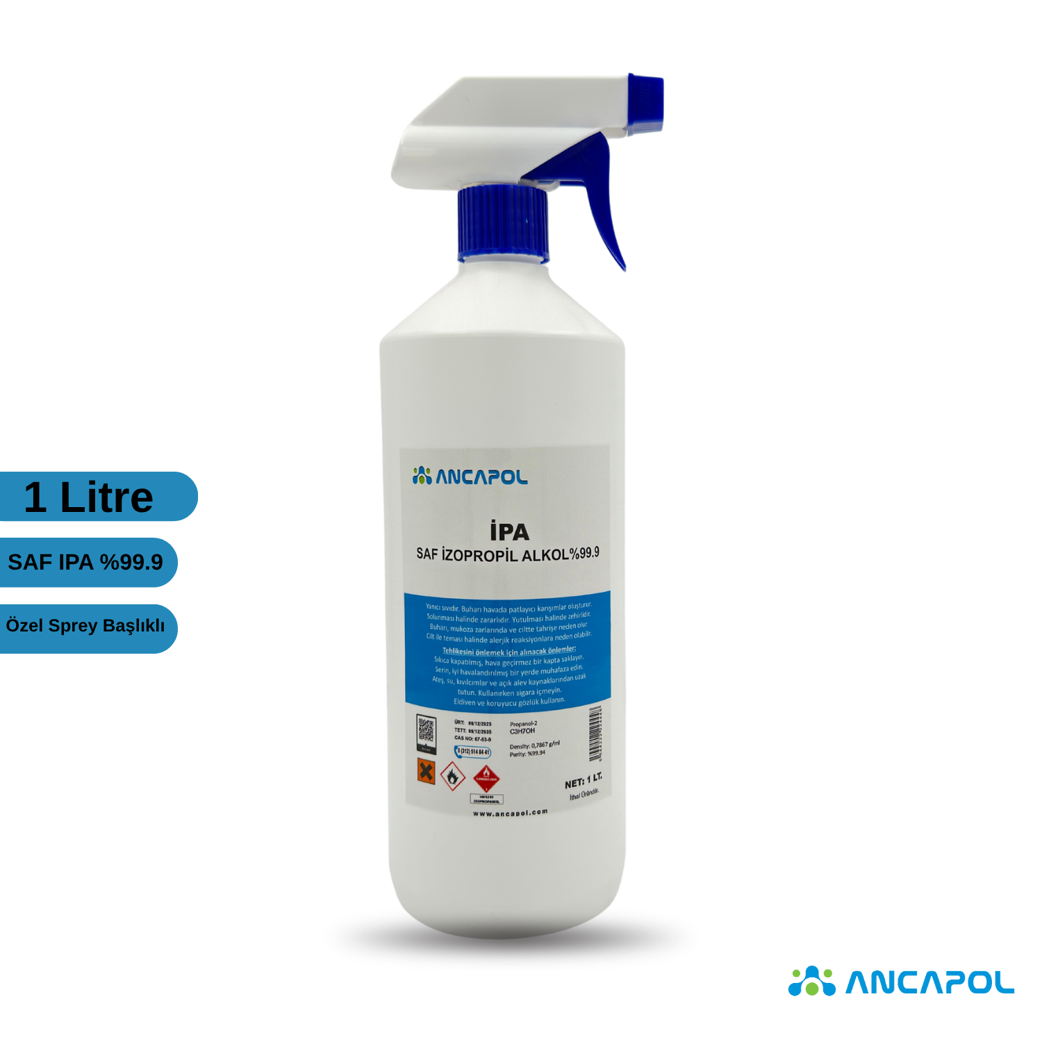 Ancapol %99.9 Saf İzopropil Alkol (IPA) Sprey Başlıklı - Elektronik, Optik ve Yüzey Temizleyici Çözücü