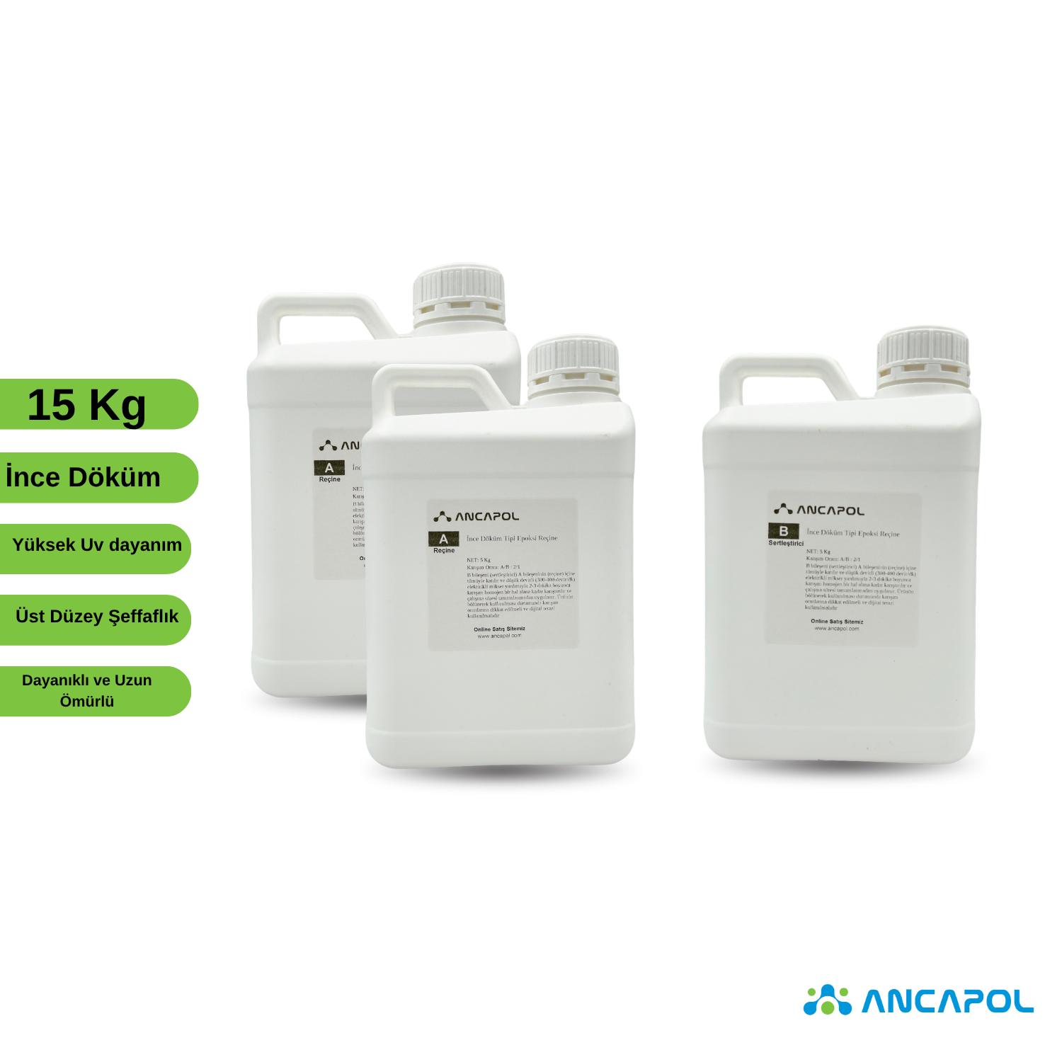 Ancapol Ultra Şeffaf İnce Döküm Epoksi Reçine Seti - Ekstra UV Dayanımlı 15 KG