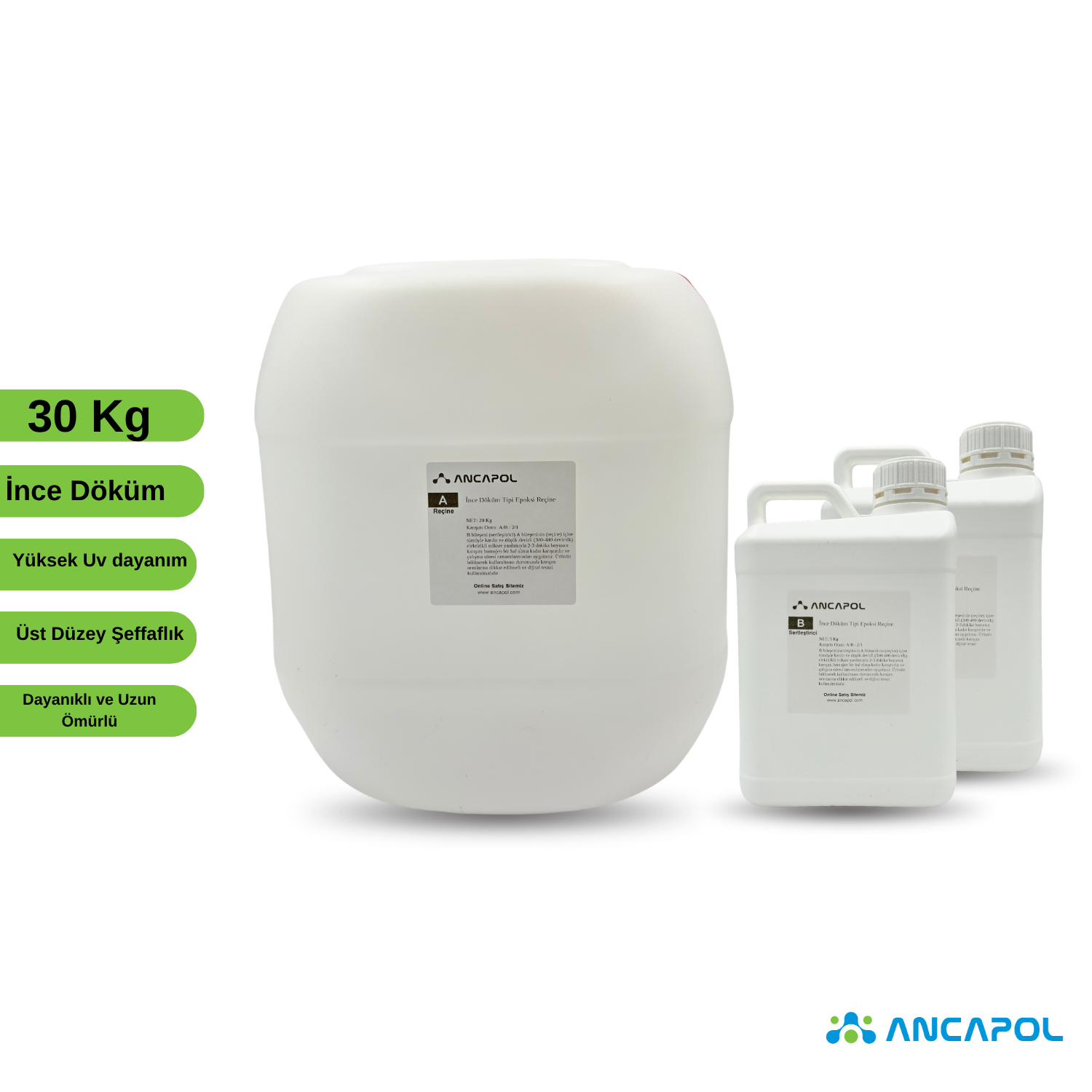 Ancapol Ultra Şeffaf İnce Döküm Epoksi Reçine Seti - Ekstra UV Dayanımlı 30 KG